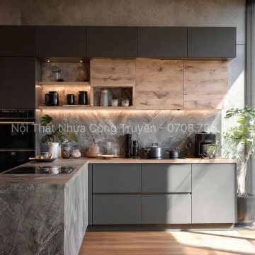 Tủ Bếp Nhựa Kết Hợp Mặt Đá Tự Nhiên – Giải Pháp Sang Trọng & Bền Bỉ Cho Không Gian Bếp Cao Cấp