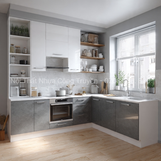 Tủ Bếp Nhựa Chữ L Đẹp Mê Ly Cho Căn Hộ Nhỏ – Tiết Kiệm Không Gian, Tăng Thẩm Mỹ