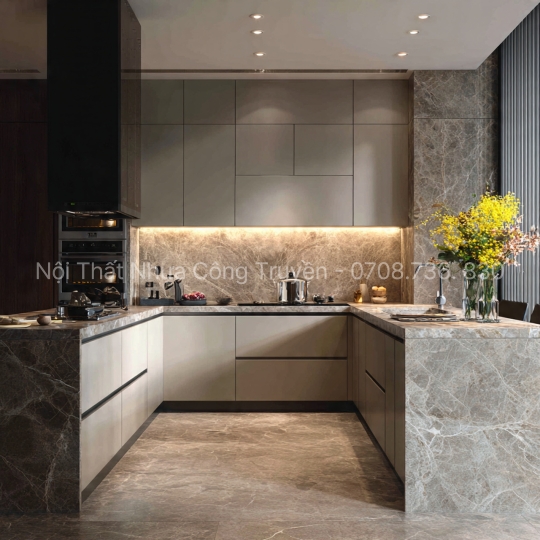 Tủ Bếp Nhựa Kết Hợp Mặt Đá Tự Nhiên – Giải Pháp Sang Trọng & Bền Bỉ Cho Không Gian Bếp Cao Cấp